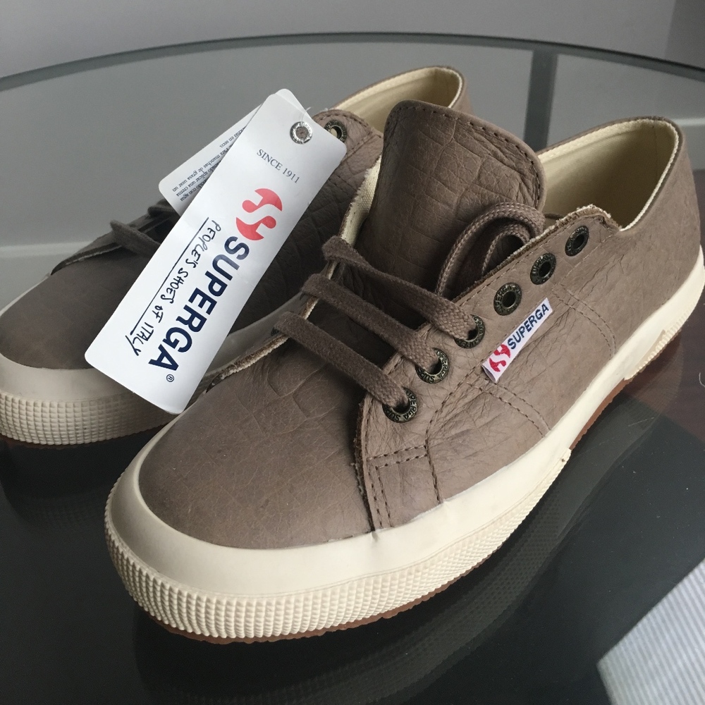 Superga Leather Croc Sneakers in Taupe